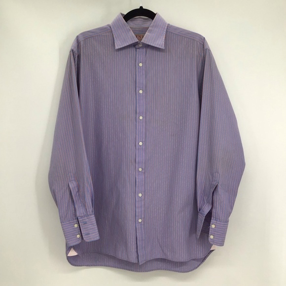 PINK Thomas Pink Men’s Striped Button Down Dress Shirt Career Blue Size 16/34.5 - Picture 1 of 7